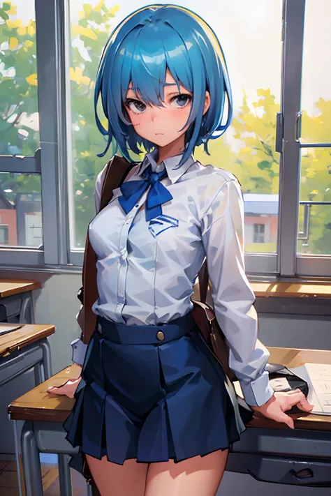 1girl, blue hair, slender, small breasts, ((schoolgirl, face portrait)), masterpiece, high resolution, high quality, 8k, artstation, best quality, classroom, sunny, cozy