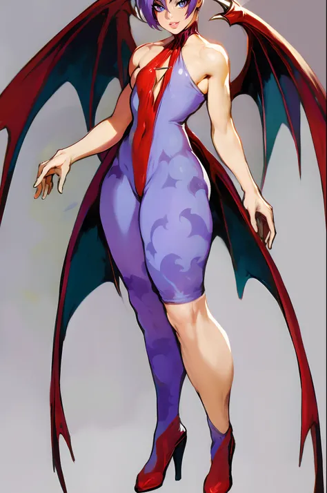 (best quality,masterpiece:1.2),intricate details,beautiful detailed eyes,beautiful detailed lips,extremely detailed eyes and face,longeyelashes,darkstalkers_lilith modeseven,super curvy,comic style,vibrant colors,standing,innocent, full body, standing, smi...