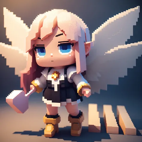 Voxels,（3D Big Pixel Art）, （3D Pixel Art）,White background,Chibi,Large pixels,（3ＤPixel art）,The character has a peculiar pose, Girl with dove on her shoulder,（3D Pixel Art）