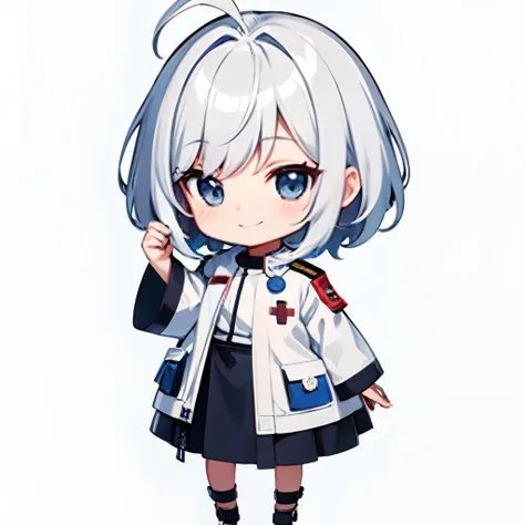 超A high resolution, Best aesthetic, Top quality depiction of the foot, Put on a medic  jacket,  Flat Avatar,  Anime visuals of cute girls, Cute art style, Chibi,  White hair、Shorthair, Ahoge, is expressive, A smile, hair adornments drawing on paper,  simpl...