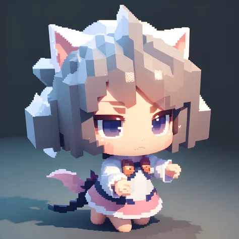 Voxels,（3D Big Pixel Art）, （3D Pixel Art）,White background,Chibi,Large pixels,（3ＤPixel art）,The character has a peculiar pose, Cat Wizard Girl, Biting fish,（3D Pixel Art）