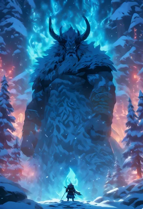 best quality, high resolution, 4K detailed CG, master piece, Angurboda, Giant Jotun, Angrboda, Jotun, deusa do medo, expressao serious, snow, trees, forest, Norse mythology, VIKINGS, beautiful aesthetics, Beautiful image, centralized on the fabric