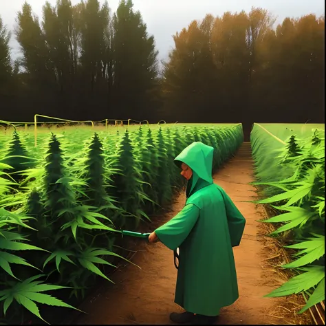 A cannabis farmer trimming weed in a Halloween costume