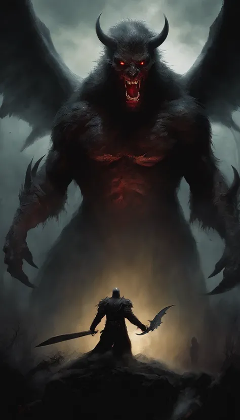 Zodd witch sword in hand, Berserk, wings, Painting of a demonic creature with a bloodied face and a bloodied head, - The Art of Horror Fiction,ror art in the fantasy genre, by Aleksi Briclot, horror concept art, Fantasy and horror art, Detailed illustratio...