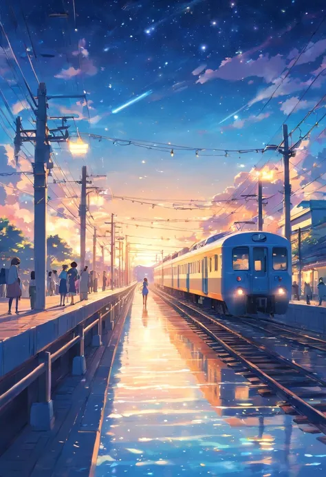 Masterpiece, anime train passing through bodies of water on tracks, bright starry sky. Romantic train, Makoto Shinkais picture, pixiv, concept art, lofi art style, reflection. by Makoto Shinkai, lofi art, Beautiful anime scene, Anime landscape, detailed sc...