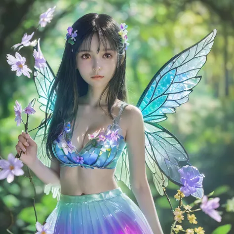 Gradient Eyes, the woods，Night Moon，Mini cute 3 year old flower fairy, A slender、Ring，Skirt made of petals，Huge flowers，Colorful colorful，Transparent and colorful wings, magic wands，closeup cleavage，Optical attenuation，glow effect，depth of fields，Highlight...