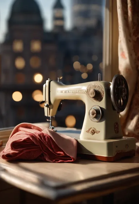 (best quality,4k,8k,highres,masterpiece:1.2),ultra-detailed,(realistic,photorealistic,photo-realistic:1.37),sewing machine by an open window overlooking the city,sewing mannequin next to the machine,illustration,soft lighting,subtle shadows,stitching,threa...