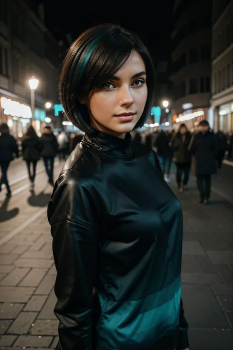 Photo of a beautiful girl, in der Stadt, Trage ein schwarzes Oberteil, genießend, Tochter, Sommer, Hot Girl, (((sehr schwere Oberweite))), Bob haircut with black and turquoise gradient, Blick in die Kamera, Urban Style clothes, symmetrisches Gesicht, fotor...