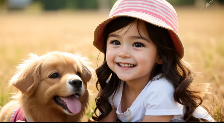 A girl sitting next to a dog in a field, children, cute, pet, little goat, child, young children, portrait photography, smiling, close-up portrait photography, feminine, pet animal, dog, heartwarming, adorable chest, happy young girl, adorable girl, joyful...