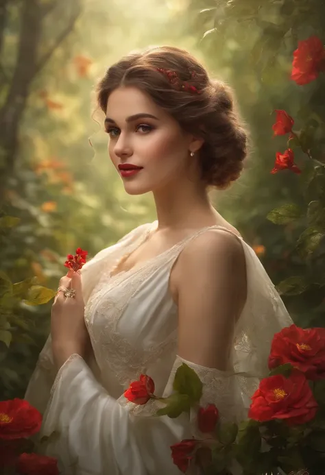 (best quality,4k,8k,Altas,master part:1.2),ultra-detalhado(HDR,UHD,studio lighting),Realistic portraits of a girl with a bouquet of flowers, beautiful eyes and lips, vestido branco com uma fita vermelha, extremely detailed facial features, long eyelashes. ...