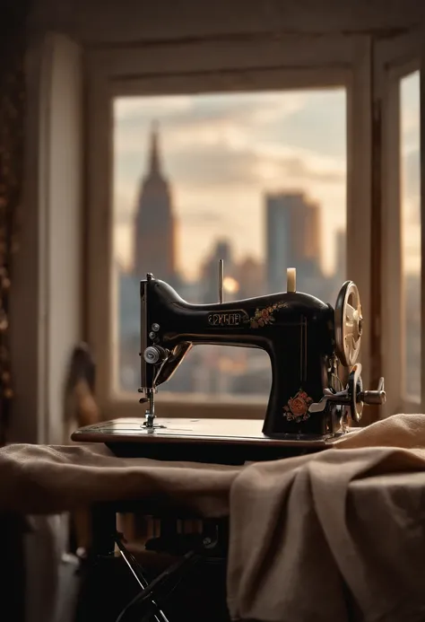 (Best Quality,4k,8K,hight resolution,Masterpiece:1.2),Ultra-detailed,(Realistic,Photorealistic,photo-realistic:1.37),Sewing machine by the open window overlooking the city,Sewing dummy next to the machine,illustartion,soft-lighting,Subtle shadows,Stitching...