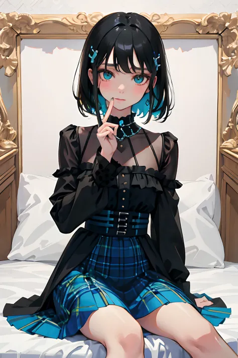 hand between legs，（​masterpiece，Highest Quality），(child:1.3)，Turquoise Goth Spank，long-sleeve，Long skirt with Burberry plaid pattern，Absolute area，(A dark-haired，long)，embarrassed from，Delicate body，petite body