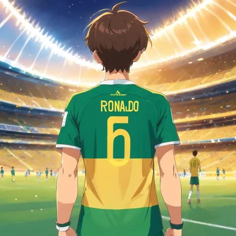 Create an illustration of the Brazilian jersey worn by Ronaldo in the 1998 World Cup final. Add an arrow that points to the jersey to indicate that it was traded with a fan by mistake.