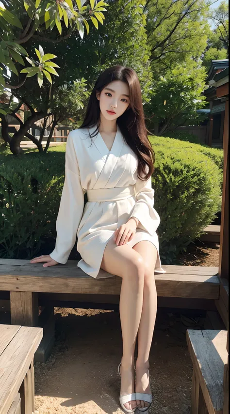 Japanese and Korean beauties，Pure and cute，16K HD is realistic，Photographic quality，mesmerizing eyes，long eyelasher，Slim and slim，detailed realistic hands，In the background garden