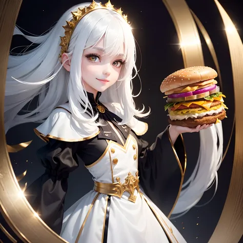 best quality, white hair, gold eyes, black clothes, looking up, upper body, hair strand, Fair skin, smiling, hamburger