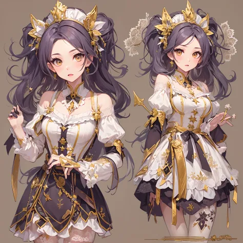 ((Masterpiece, Highest Quality)), Detailed face, Character Design Sheet， full bodyesbian, Its full of details., multiple poses and expressions, highly detaild, deeply, A lot of it，Beautiful maid，Armed with bows and arrows，Gold，Double ponytail，Fantasy style...