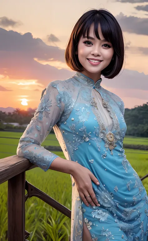 masterpiece:1.2, high quality, best quality, high resolution, detailed, hyper realistic, 1 malay girl, wear blue baju kebaya, br...