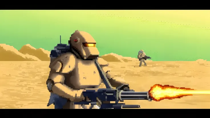 a man in a gas mask holding a gun in a desert, soldiers and mech fight, space soldier on mars with a gun, mech warrior, battletech style, mech machines firing bullets, konami mecha, war robot, mad max battlemech, saudi futuristic warrior mecha, war mechs f...