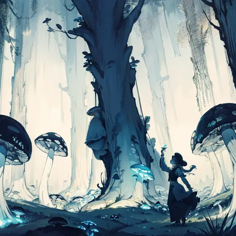 Beautiful and aesthetic,, Solo,，Dance，Cogumelos，Mushrooms，Huge mushrooms，spore，(glowing ambiance, enchanting glow, luminouslighting, Ethereal atmosphere,Watercolor illustration, Perfect anatomy, Masterpiece, Best quality, , Nature, landscape