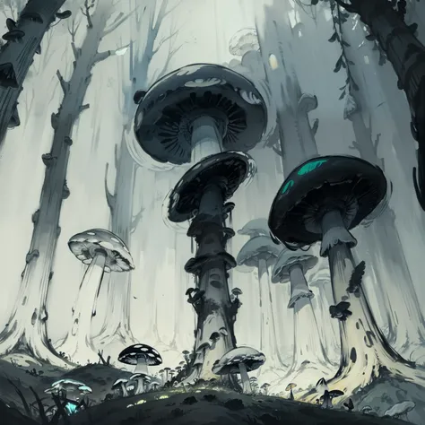 Beautiful and aesthetic,, Solo,，Dance，Cogumelos，Mushrooms，Huge mushrooms，spore，(glowing ambiance, enchanting glow, luminouslighting, Ethereal atmosphere,Watercolor illustration, Perfect anatomy, Masterpiece, Best quality, , Nature, landscape