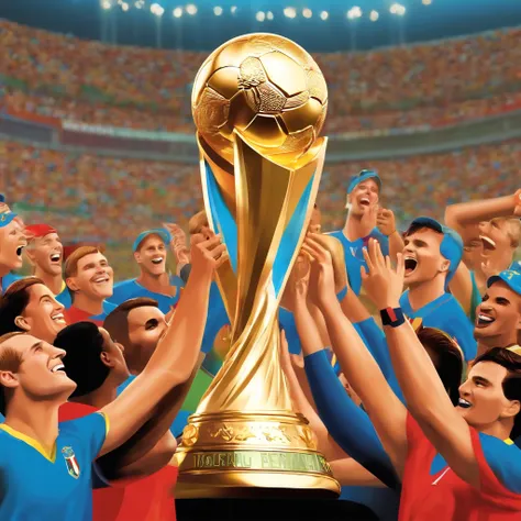 Generate an image of the 1998 World Cup with the glittering trophy. Add the text Follow for more exclusive revelations !. Represent the virtual narrator as a smiling emoji with a wink to conclude the video.