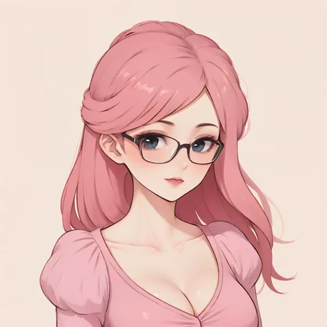 ((Masterpiece, Best)), (1girll), (Mature woman), Light pink hair, Open Chest Temptation, flared, (Office Lady), bangs, Big breasts, Glasses lady,