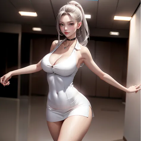 best qualtiy，Full body like，Cinema lenses，Refined face，pretty  face，20yo woman，ssmile，slimfigure，medium chest circumference，Office president white petticoat，Delicate and gorgeous white blazer，Office wear，Beth，interior scenes，office room，Open the collar，Exp...