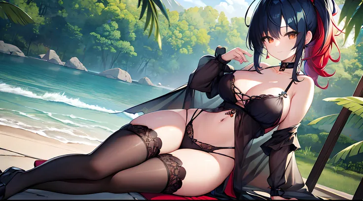 masterpiece, lots of detail, 4k, 8k, ((ultra-detailed)), highres, 1girl, lounger, goth, thighhighs, choker, arm gloves, {red hair|green hair|black hair|blue hair}, {ponytail|short hair|long hair|curly hair}