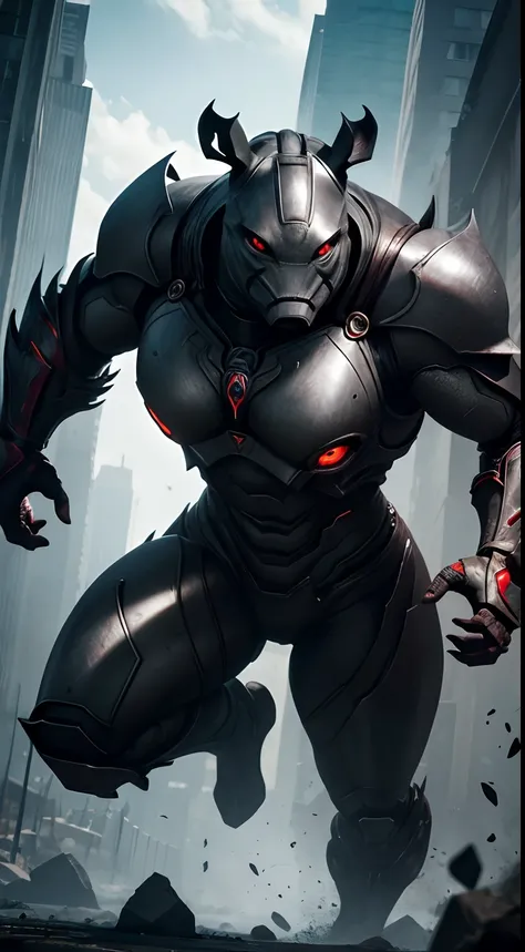 Iron creatures pounce,Rhino woman、(Femininity:1.5)、Full body,Animal anthropomorphism, red eyes、cruel、Realistic Digital, Humanoid、Convoluted, epicd, Dramatic, masutepiece, high detailing, Best Quality, 超A high resolution、Horror movie lighting