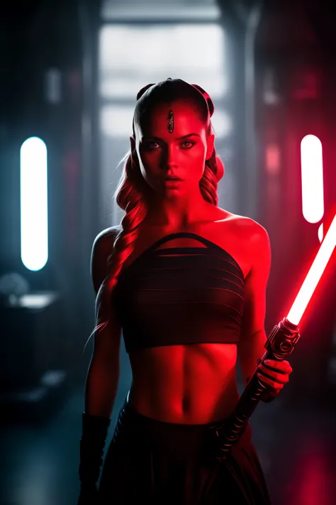 A girl, Sith Lord, cute face, red skin, fit body, sexy body, holding one red light saber in her hand, wearing a black crop top with a hood:1.4, underboob, black skirt, darth talon:0.7, at the starship, cozy, Star Wars, j j abrams, photorealistic, sharp foc...