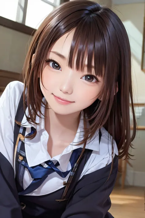 17 age、brown haired、beautidful eyes、real looking skin、hi-school girl、small tits、(8K、​masterpiece)、(reallistic、Photorealsitic)、top-quality、ighly detailed、The ultra-detailliert、Beautie、cute little、japanes、idol、a smile、Close-up portrait、Healthy face、School un...