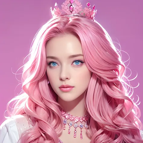 one woman, long curly hair, pink hair, blue eyes, cute, Queen, crown, sexy, pink background