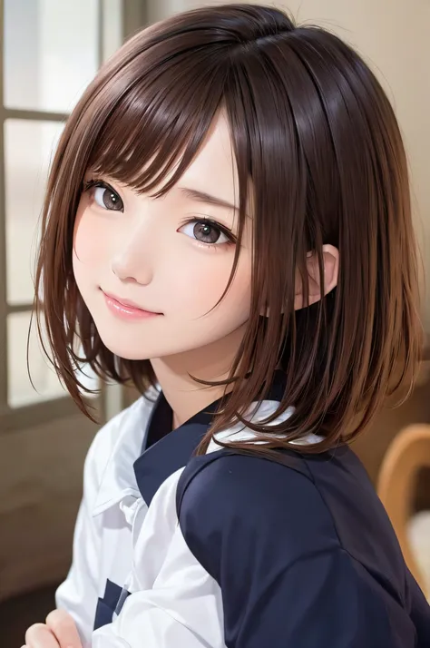 18year old、brown haired、beautidful eyes、real looking skin、hi-school girl、small tits、(8K、​masterpiece)、(reallistic、Photorealsitic)、top-quality、ighly detailed、The ultra-detailliert、Beautie、cute little、japanes、idol、a smile、Close-up portrait、Healthy face