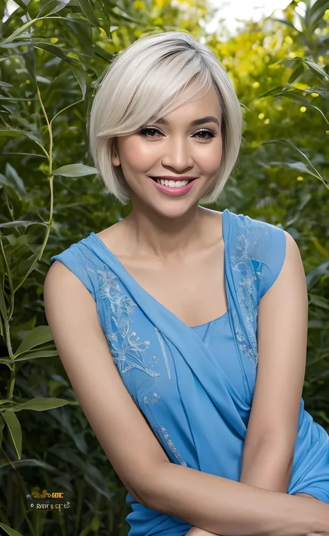 Masterpiece:1.2, high quality, best quality, high resolution, detailed, hyper realistic, 1 malay girl, wear blue baju kebaya, bright short white hair, Shaggy Bob Haircut with Bangs, brown eyes, head tilt, sunset, birds flying, paddy field with few village,...