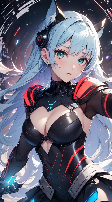 top-quality、Top image quality、​masterpiece、Android Girl((sixteen years old, Cybersuit glowing black, red and white、Blue energy source for the chest,Best Bust、Bust 90、Light blue shiny hair、Longhaire,Cyber Skirt、Blue-green eyes、open chest wide、Valley、Happine...