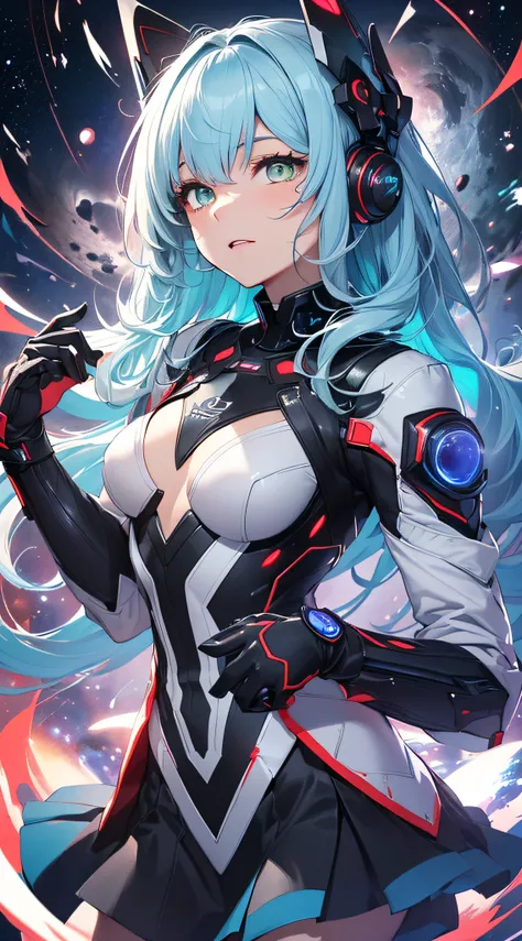 top-quality、Top image quality、​masterpiece、Android Girl((sixteen years old, Cybersuit glowing black, red and white、Blue energy source for the chest,Best Bust、Bust 90、Light blue shiny hair、Longhaire,Cyber Skirt、Blue-green eyes、open chest wide、Valley、Happine...