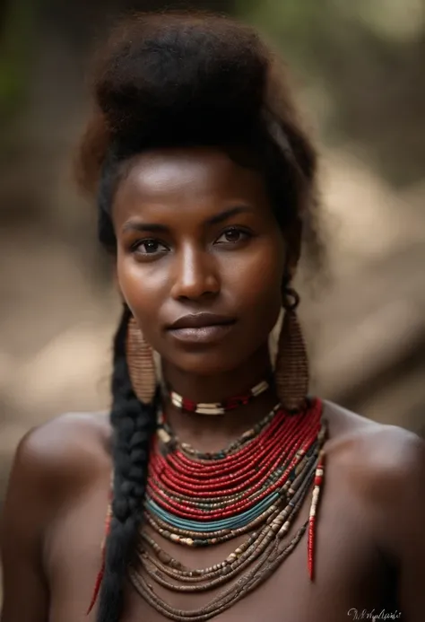 1 femme tribale, indigenous, anatomie parfaite, Corps entier, cheveux noirs, Impatient, Cheveux indiens amazoniens, Yeux occidentaux peints avec une bande rouge, porter uniquement avec une frange Yanomami , Utilisation de colliers de semences, Avec le corp...