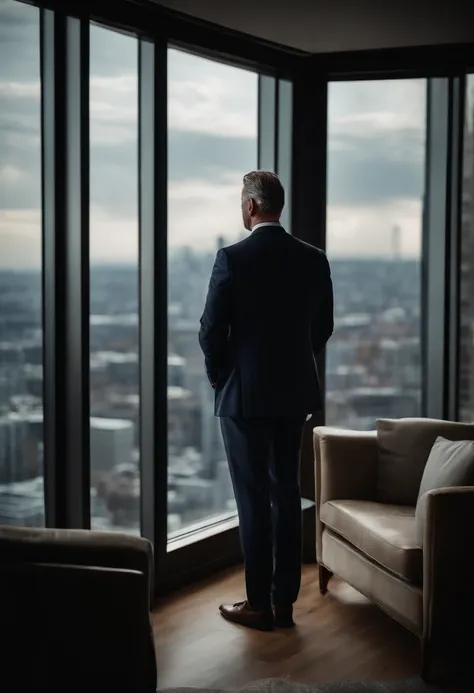 a middle aged male wearing a suit watching the city below in his penthouse through his window(8k resolution)