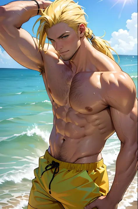 Surfer dude, only wearing swim trunks, long light yellow hair in a ponytail, blushing slightly, very masculine, sharp jawline, light yellow stubble, light yellow happy trail