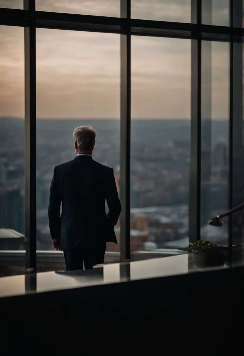 a middle aged male wearing a suit watching the city below in his penthouse through his window(8k resolution)