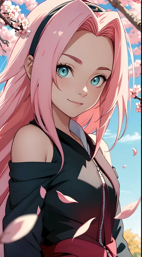 tmasterpiece， Best quality at best， 1girll， Sakura Haruno， Large breasts，Off-the-shoulder attire，（close-up all over the body)，Raised sexy，is shy，ssmile，with pink hair， long whitr hair， （Green eyeballs:1.4)， Forehead protection， the cherry trees，Cherry blos...