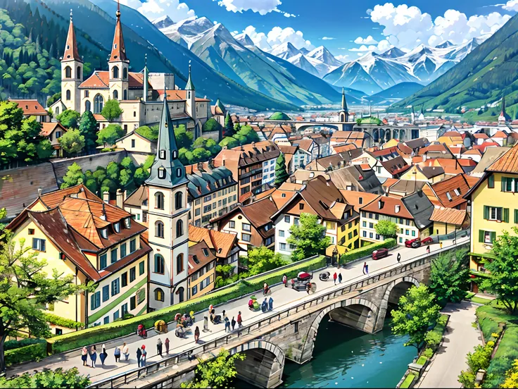 Swiss city with people touring