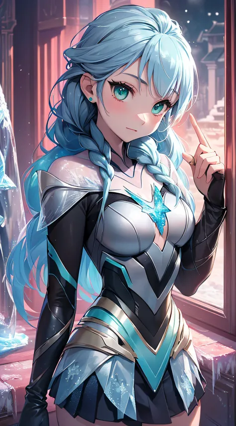 top-quality、Top image quality、​masterpiece、Android Girl((sixteen years old, Cybersuit glowing black, red and white、Blue energy source for the chest,Best Bust、Bust 90、Light blue shiny hair、Longhaire,Cyber Skirt、Blue-green eyes、open chest wide、Valley、Happine...