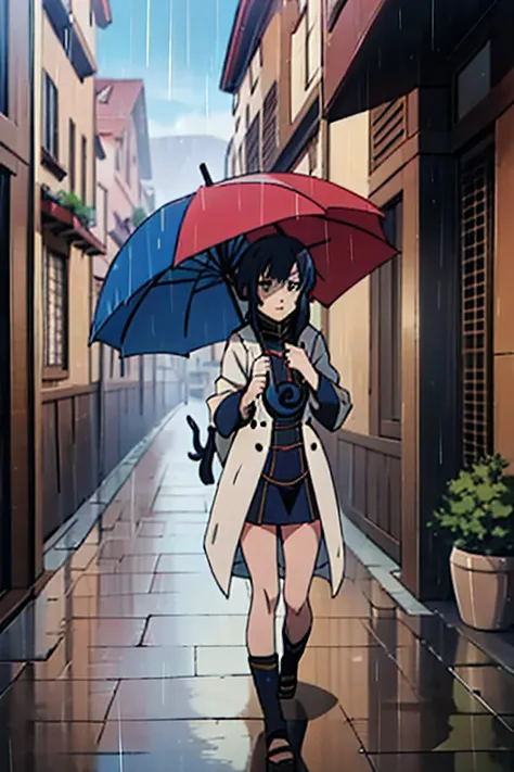 in rain, a woman holding an umbrella next to a cat, a picture, trending on pixiv, anime movie screenshot, style of red line anim...