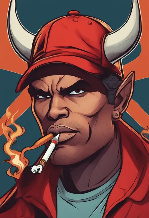 cartoon of a man face devil with a cap and a cigarette, chillhop, comic book style, high quality