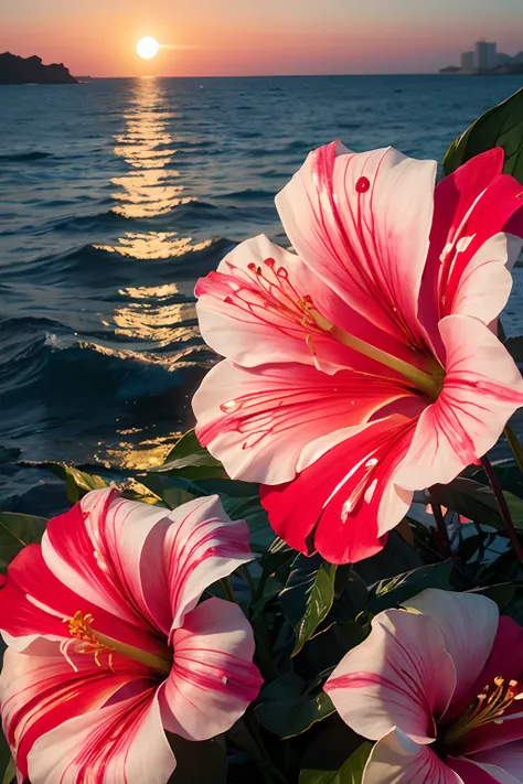 hibiscus Moon with water drops,neon glow, random background, sun rise, bokha mood