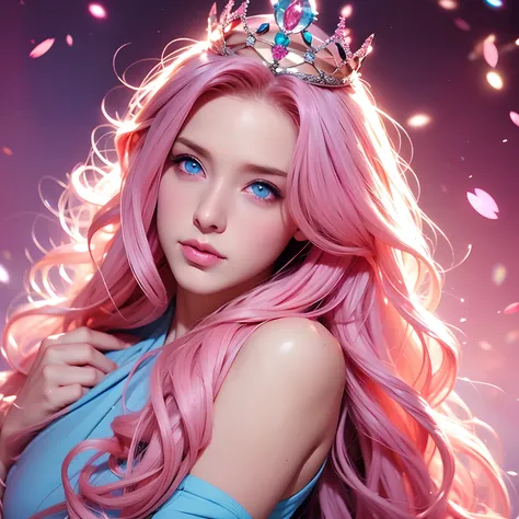 a woman, long curly hair, pink hair, blue eyes, cute, Queen, crown, sexy, sexy, sensual, bright eyes, powers around, elf