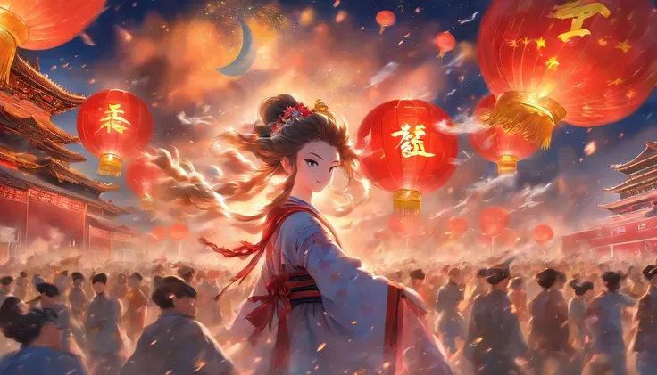 Great masterpiece，oil painted，Love and blessings to the country，National history and culture，Joy and energy，Prosperity and solidarity，the Peoples Republic of China，Tiananmen square, beijing，Celebrate National Day,mid-autumn festival，The moon is above