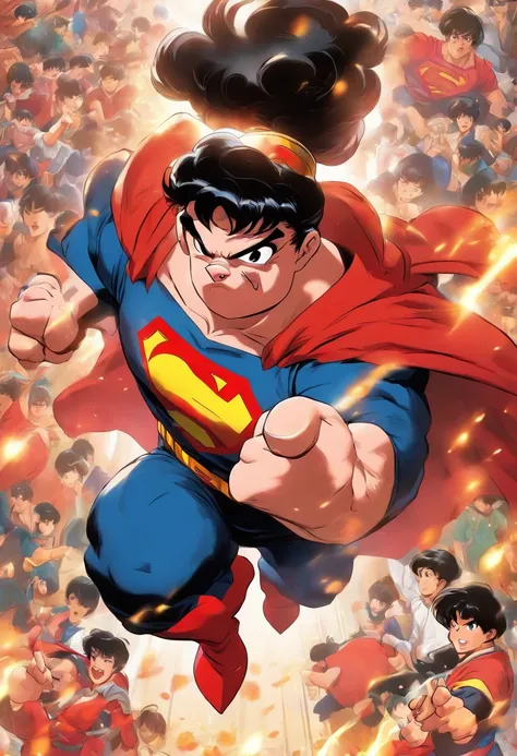 "I want you to design a poster featuring a pig in a Ranma 1/2 style, dressed as Superman."