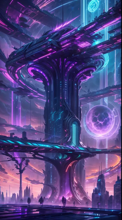 image of an otherworldly city, a futuristic city, a giant high tech pillar pierce the sky, on the body of the pillar countless of mechanic thicc and long branch, detailed futuristic houses on each branch, wide angle, ultra wide angle, capturing  all the un...